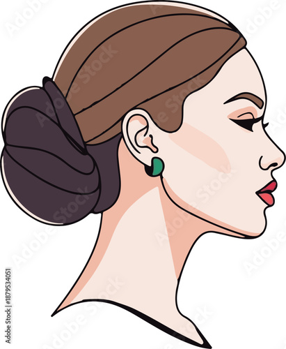 Profile of a woman with elegant updo, makeup, and green jewel earring