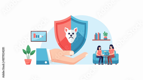 Protecting pet. Hand shield protects sad dog, people talk, chart, plant