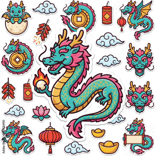 Cute Chinese Dragon Vector Illustration. Traditional mythical animal holding pearl isolated sticker