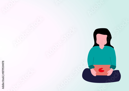 Woman working on laptop, flat vector illustration with copy space