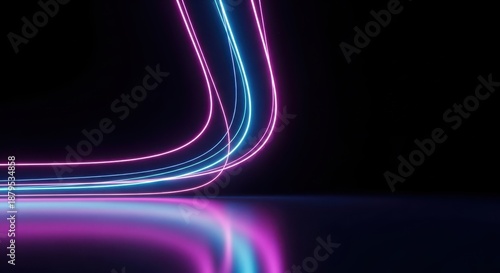 Abstract futuristic neon light trails curving in a dark space with reflections on a glossy surface