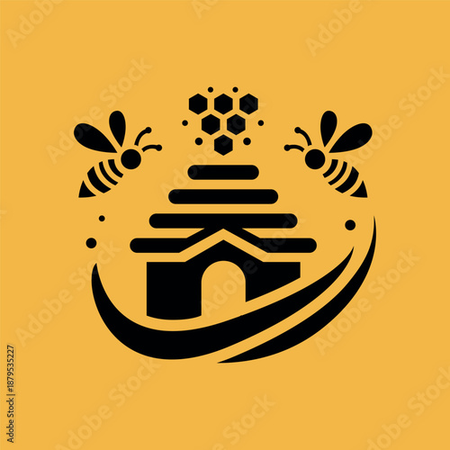 Bees Surrounding A Stylized Hive With Honeycomb, Clean Monochrome Design Logo