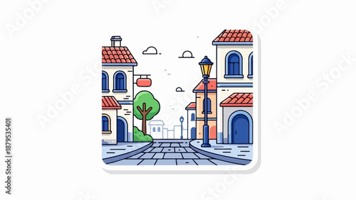 Quaint street with tiled buildings, a lamppost, and a lone tree