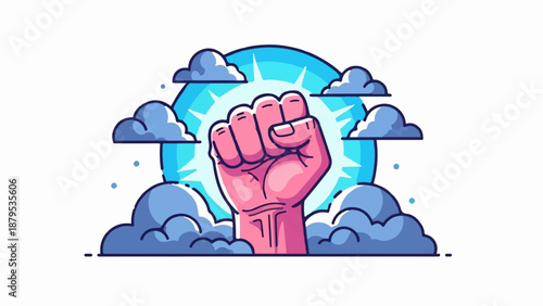 Raised fist emerging from clouds against a radiant blue sunburst