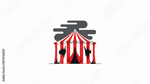 Red and white striped tent with black torn openings against a smoky sky