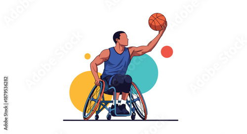 Determined male athlete playing wheelchair basketball, aiming for a shot in an inspiring display of adaptive sports.