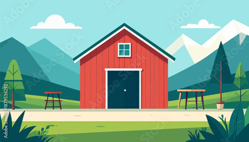 Red barn in a scenic mountain landscape with trees and chairs