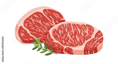 Two fresh raw marbled beef steaks, like ribeye or sirloin, garnished with a sprig of rosemary, ready for grilling.