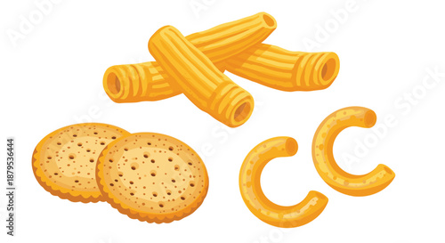 Assortment of dry pasta and crackers including rigatoni, macaroni, and round crackers, common pantry food staples.