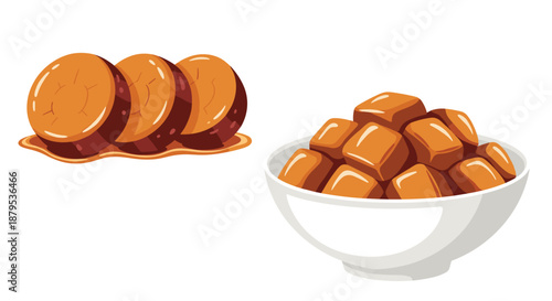 Sweet caramel candy shown as glossy round slices and as soft chewy cubes in a white bowl, a delicious confection.