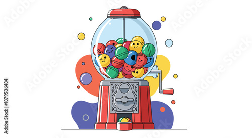 Retro red gumball machine filled with colorful toy capsules with smiley faces, on an abstract background with bubbles.