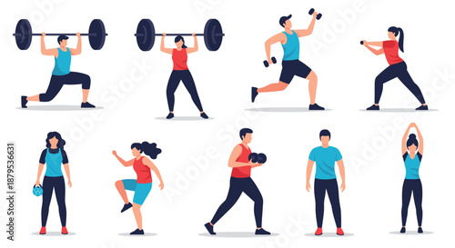 Collection of diverse men and women engaged in various fitness exercises, including weightlifting, running, and stretching.