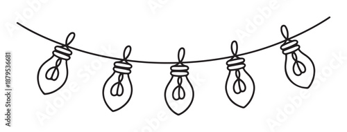 String of Light Bulbs Hanging on Wire Isolated on White