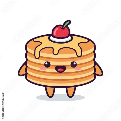 Adorable Cartoon Pancake with Honey and Cherry