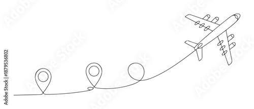 Airplane Taking Off with Route Map Pins on White Background