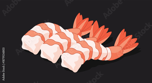 Four peeled and cooked shrimp tails with a pink and white color, ready to be used as a seafood ingredient.