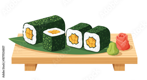 Traditional Japanese Oshinko maki sushi rolls with pickled daikon radish, served on a wooden geta plate with wasabi.