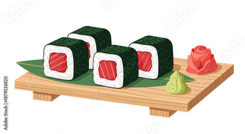 Classic Japanese Tekka maki sushi rolls filled with fresh raw tuna, served on a wooden geta plate with wasabi.