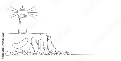 Lighthouse on Rocky Cliff with Sun Rays Isolated on White