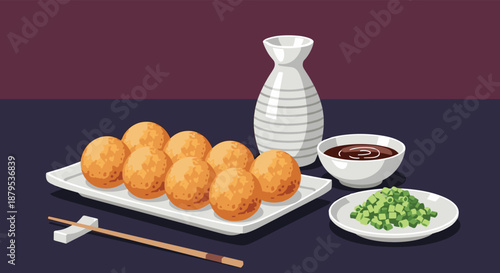 Japanese street food favorite takoyaki, or octopus balls, served on a plate with dipping sauce, scallions, and sake.