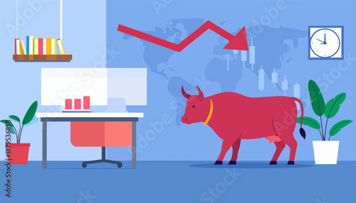 Red bull, office desk, falling stock market graph, world map, clock, and plants