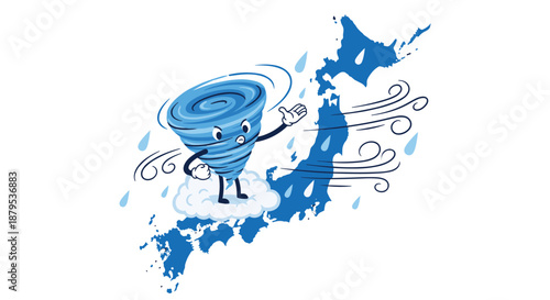 Cartoon mascot of a powerful typhoon character hovering over a map of the Japanese archipelago, representing a storm warning.