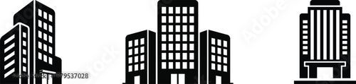 Minimalist front view office buildings icon, Black office silhouette on transparent background