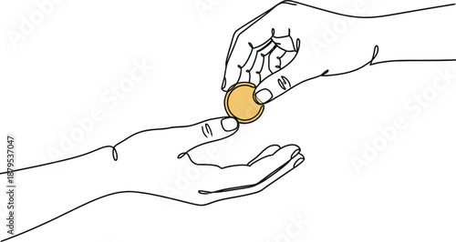 Line drawing of hand giving a coin to another. Charity and Donation concept Illustration. Financial transaction: Giving and receiving money, Assistance or aims, handing over cash. 