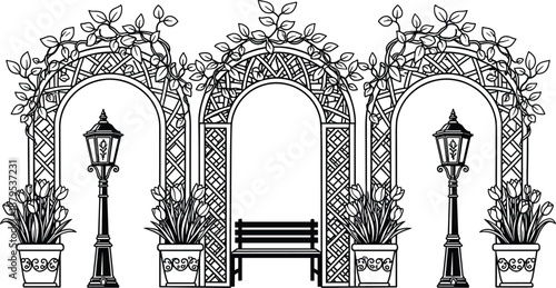 Adobe Stock Title Set of ornate wrought iron gate silhouettes with vintage street lamps, decorative metal fence panels, and classic architectural garden entrance elements