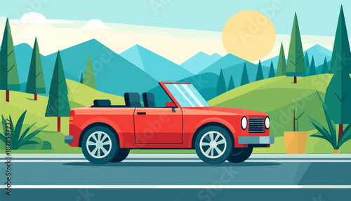 Red convertible driving on a scenic road with mountains and trees