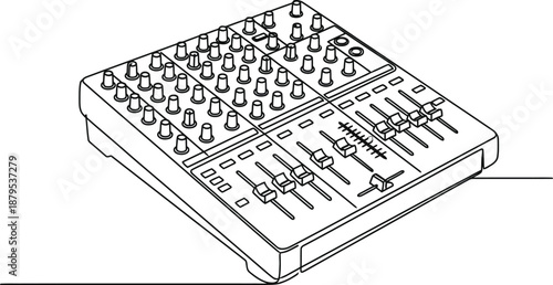 Black and White Audio Mixing Console Illustration.
Mixing Desk Icon with Faders and Knob, Line drawing of Professional Audio Board. 