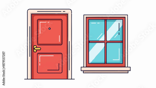 Red door with gold knob and a window with blue panes