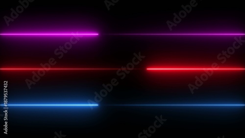 Three glowing horizontal light beams in purple red and blue shining against a dark Generate title without using the word 