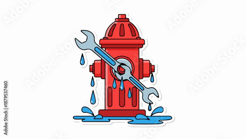 Red fire hydrant with wrench and dripping water