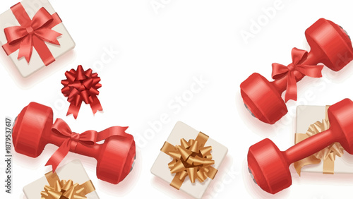Red dumbbells and gift boxes with bows, fitness and celebration