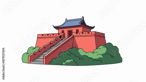 Red fortress with blue-roofed pagoda, stone steps, and green foliage