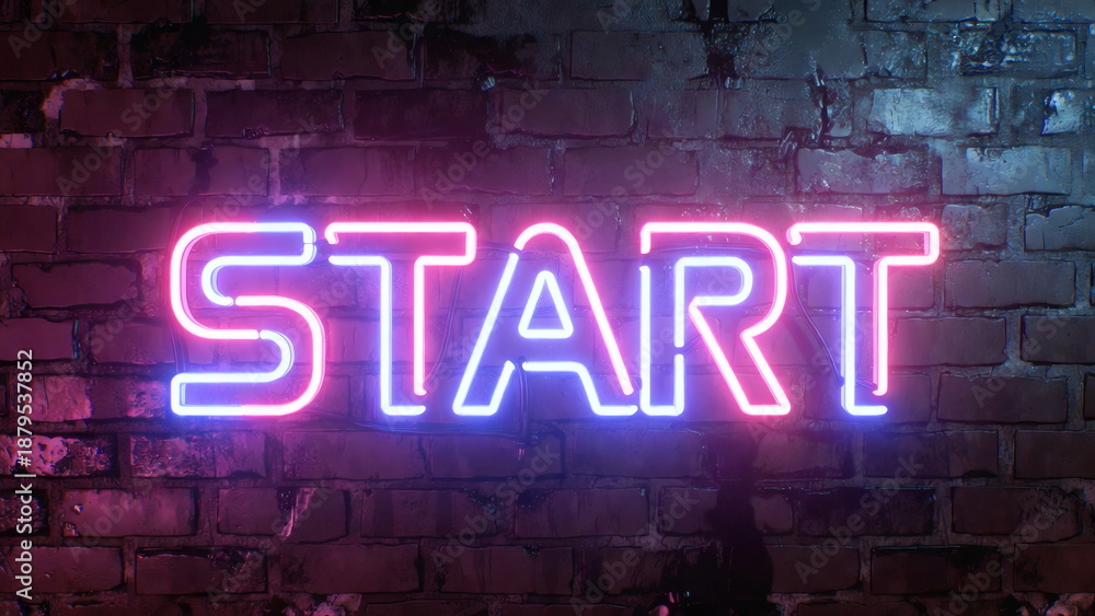 Obraz premium START neon sign on dark brick wall, business concept of beginning and launch, 3D rendering