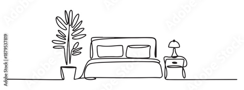 Continuous Line Drawing of Bed with Pillows and Potted Plant