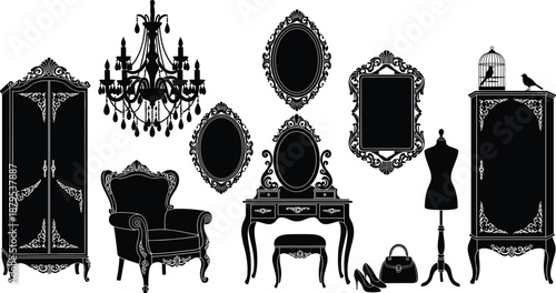 Collection of elegant vintage furniture silhouettes with baroque armoire, ornate chandelier, vanity table, antique mirrors, classic armchair, and decorative home accessories