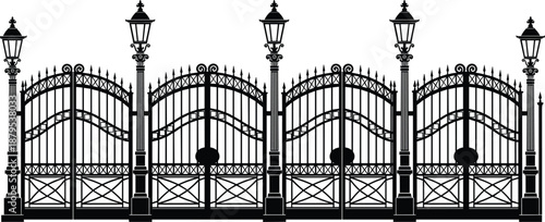Elegant wrought iron gate silhouette set with vintage street lamps, ornate metal fence panels, and decorative garden entrance for architectural luxury design