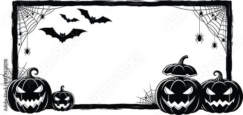 Halloween border design with jack-o'-lanterns, bats, spider webs, spooky frame illustration for decoration, party, invitation, seasonal content
