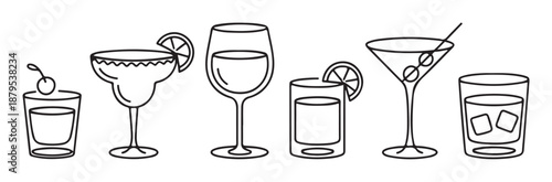 Cocktail Drinks Line Icon Set with Lime and Olives