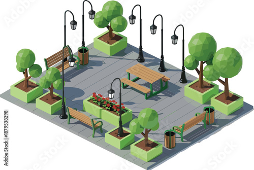 Isometric low poly park illustration with wooden benches, picnic table, green trees in planters, street lamps, and flowers for city landscape