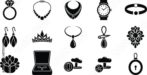 A collection of black silhouette icons representing various types of jewelry and accessories