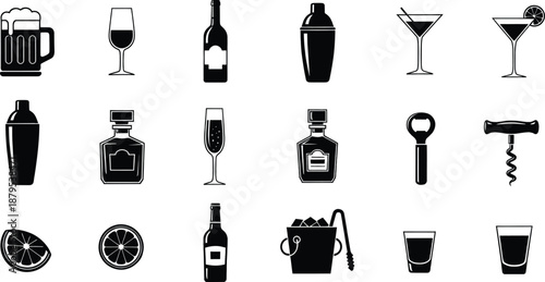 Collection of silhouette icons for bar equipment, alcoholic beverages, and accessories
