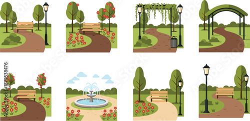 Park scene illustration set with benches, trees, flowers, pathways, lampposts, fountain, pergola, trash bin, outdoor landscape, decoration