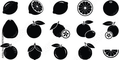 A set of black silhouette icons featuring various citrus fruits like lemons and oranges