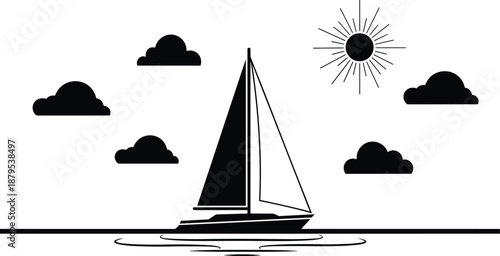 Sailboat silhouette on water with sun, clouds, peaceful nautical scene in black and white for travel, nature, marine, illustration