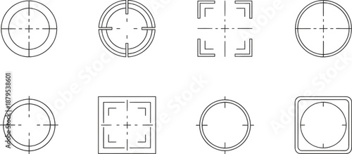 technical drawing shapes with crosshairs and dimensions
