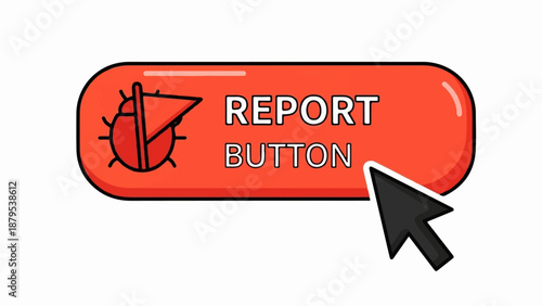 Red report button with bug icon, cursor, and text
